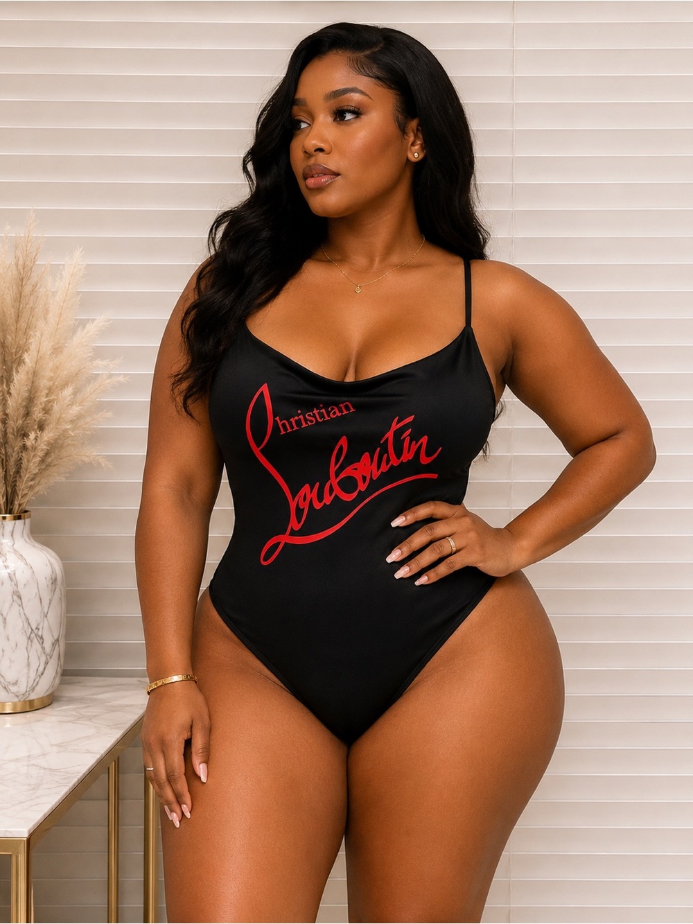 Black One-Piece Plus Size Bodysuit with Red Logo
